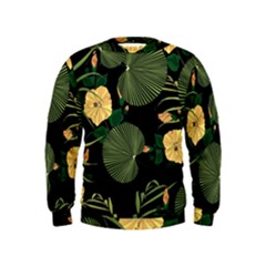 Tropical Vintage Yellow Hibiscus Floral Green Leaves Seamless Pattern Black Background  Kids  Sweatshirt by Sobalvarro