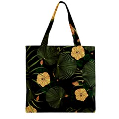 Tropical Vintage Yellow Hibiscus Floral Green Leaves Seamless Pattern Black Background  Zipper Grocery Tote Bag by Sobalvarro