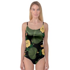 Tropical Vintage Yellow Hibiscus Floral Green Leaves Seamless Pattern Black Background  Camisole Leotard  by Sobalvarro