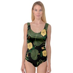 Tropical Vintage Yellow Hibiscus Floral Green Leaves Seamless Pattern Black Background  Princess Tank Leotard  by Sobalvarro