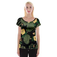 Tropical Vintage Yellow Hibiscus Floral Green Leaves Seamless Pattern Black Background  Cap Sleeve Top by Sobalvarro
