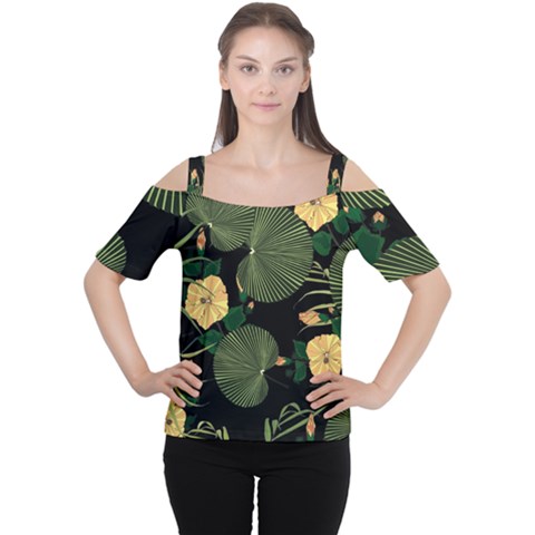 Tropical Vintage Yellow Hibiscus Floral Green Leaves Seamless Pattern Black Background  Cutout Shoulder Tee by Sobalvarro