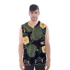 Tropical Vintage Yellow Hibiscus Floral Green Leaves Seamless Pattern Black Background  Men s Basketball Tank Top by Sobalvarro