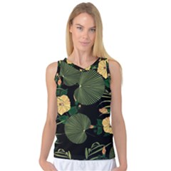 Tropical Vintage Yellow Hibiscus Floral Green Leaves Seamless Pattern Black Background  Women s Basketball Tank Top by Sobalvarro