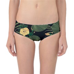 Tropical Vintage Yellow Hibiscus Floral Green Leaves Seamless Pattern Black Background  Classic Bikini Bottoms by Sobalvarro