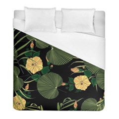 Tropical Vintage Yellow Hibiscus Floral Green Leaves Seamless Pattern Black Background  Duvet Cover (full/ Double Size) by Sobalvarro