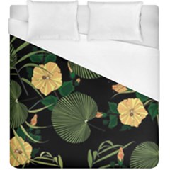 Tropical Vintage Yellow Hibiscus Floral Green Leaves Seamless Pattern Black Background  Duvet Cover (king Size) by Sobalvarro