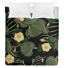 Tropical Vintage Yellow Hibiscus Floral Green Leaves Seamless Pattern Black Background  Duvet Cover Double Side (queen Size) by Sobalvarro
