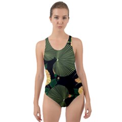 Tropical Vintage Yellow Hibiscus Floral Green Leaves Seamless Pattern Black Background  Cut-out Back One Piece Swimsuit by Sobalvarro