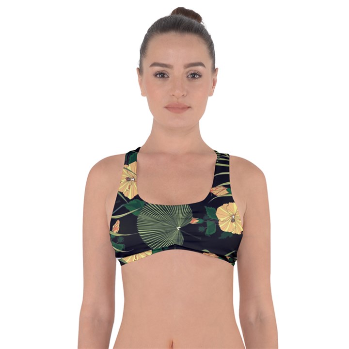 Tropical vintage yellow hibiscus floral green leaves seamless pattern black background. Got No Strings Sports Bra