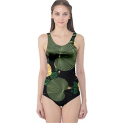 Tropical Vintage Yellow Hibiscus Floral Green Leaves Seamless Pattern Black Background  One Piece Swimsuit by Sobalvarro