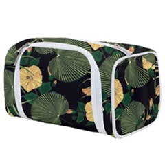Tropical Vintage Yellow Hibiscus Floral Green Leaves Seamless Pattern Black Background  Toiletries Pouch by Sobalvarro