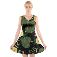 Tropical Vintage Yellow Hibiscus Floral Green Leaves Seamless Pattern Black Background  V-neck Sleeveless Dress by Sobalvarro