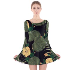 Tropical Vintage Yellow Hibiscus Floral Green Leaves Seamless Pattern Black Background  Long Sleeve Velvet Skater Dress by Sobalvarro