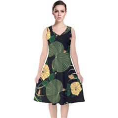 Tropical Vintage Yellow Hibiscus Floral Green Leaves Seamless Pattern Black Background  V-neck Midi Sleeveless Dress  by Sobalvarro