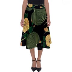Tropical Vintage Yellow Hibiscus Floral Green Leaves Seamless Pattern Black Background  Perfect Length Midi Skirt by Sobalvarro