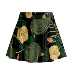 Tropical Vintage Yellow Hibiscus Floral Green Leaves Seamless Pattern Black Background  Mini Flare Skirt by Sobalvarro
