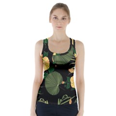Tropical Vintage Yellow Hibiscus Floral Green Leaves Seamless Pattern Black Background  Racer Back Sports Top by Sobalvarro
