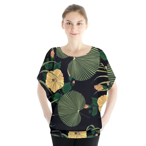 Tropical Vintage Yellow Hibiscus Floral Green Leaves Seamless Pattern Black Background  Batwing Chiffon Blouse by Sobalvarro