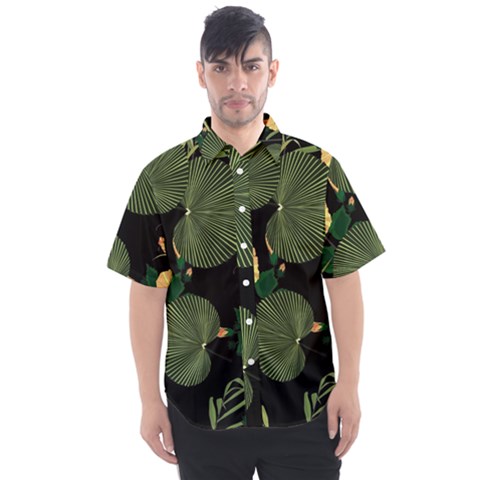 Tropical Vintage Yellow Hibiscus Floral Green Leaves Seamless Pattern Black Background  Men s Short Sleeve Shirt by Sobalvarro