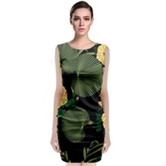 Tropical Vintage Yellow Hibiscus Floral Green Leaves Seamless Pattern Black Background  Sleeveless Velvet Midi Dress by Sobalvarro