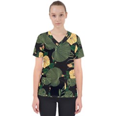 Tropical Vintage Yellow Hibiscus Floral Green Leaves Seamless Pattern Black Background  Women s V-neck Scrub Top by Sobalvarro