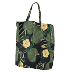 Tropical Vintage Yellow Hibiscus Floral Green Leaves Seamless Pattern Black Background  Giant Grocery Tote by Sobalvarro