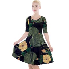 Tropical Vintage Yellow Hibiscus Floral Green Leaves Seamless Pattern Black Background  Quarter Sleeve A-line Dress by Sobalvarro