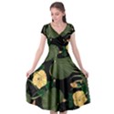 Tropical vintage yellow hibiscus floral green leaves seamless pattern black background. Cap Sleeve Wrap Front Dress View1