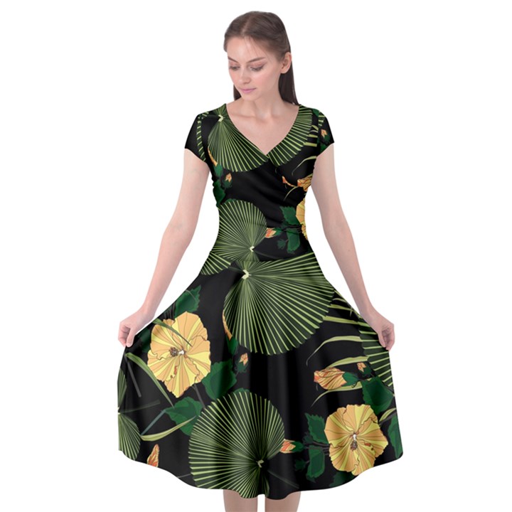 Tropical vintage yellow hibiscus floral green leaves seamless pattern black background. Cap Sleeve Wrap Front Dress