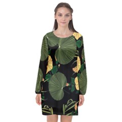 Tropical Vintage Yellow Hibiscus Floral Green Leaves Seamless Pattern Black Background  Long Sleeve Chiffon Shift Dress  by Sobalvarro