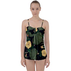 Tropical Vintage Yellow Hibiscus Floral Green Leaves Seamless Pattern Black Background  Babydoll Tankini Set by Sobalvarro