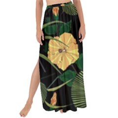 Tropical Vintage Yellow Hibiscus Floral Green Leaves Seamless Pattern Black Background  Maxi Chiffon Tie-up Sarong by Sobalvarro