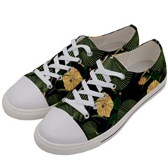 Tropical Vintage Yellow Hibiscus Floral Green Leaves Seamless Pattern Black Background  Women s Low Top Canvas Sneakers by Sobalvarro
