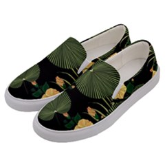Tropical Vintage Yellow Hibiscus Floral Green Leaves Seamless Pattern Black Background  Men s Canvas Slip Ons by Sobalvarro