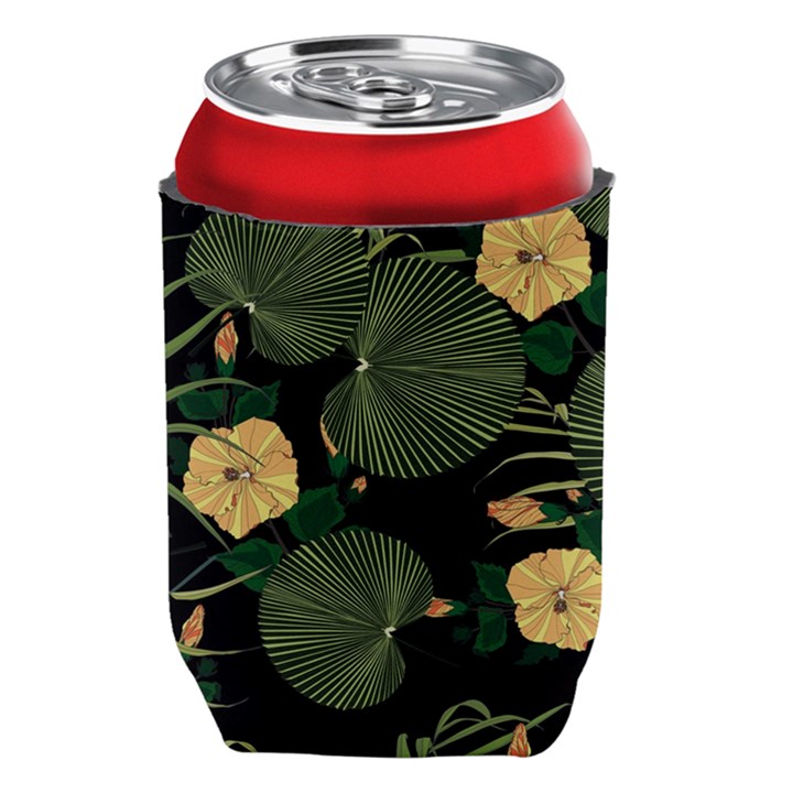 Tropical vintage yellow hibiscus floral green leaves seamless pattern black background. Can Holder