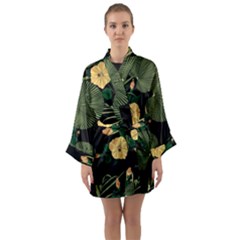 Tropical Vintage Yellow Hibiscus Floral Green Leaves Seamless Pattern Black Background  Long Sleeve Satin Kimono by Sobalvarro