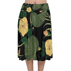 Tropical Vintage Yellow Hibiscus Floral Green Leaves Seamless Pattern Black Background  Velvet Flared Midi Skirt by Sobalvarro