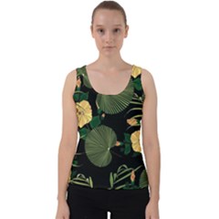 Tropical Vintage Yellow Hibiscus Floral Green Leaves Seamless Pattern Black Background  Velvet Tank Top by Sobalvarro