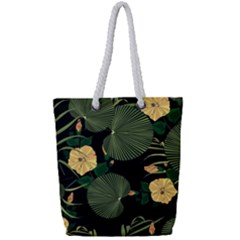 Tropical Vintage Yellow Hibiscus Floral Green Leaves Seamless Pattern Black Background  Full Print Rope Handle Tote (small) by Sobalvarro