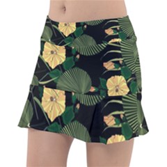 Tropical Vintage Yellow Hibiscus Floral Green Leaves Seamless Pattern Black Background  Tennis Skorts by Sobalvarro