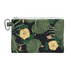 Tropical Vintage Yellow Hibiscus Floral Green Leaves Seamless Pattern Black Background  Canvas Cosmetic Bag (large) by Sobalvarro