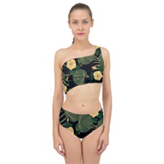 Tropical Vintage Yellow Hibiscus Floral Green Leaves Seamless Pattern Black Background  Spliced Up Two Piece Swimsuit by Sobalvarro