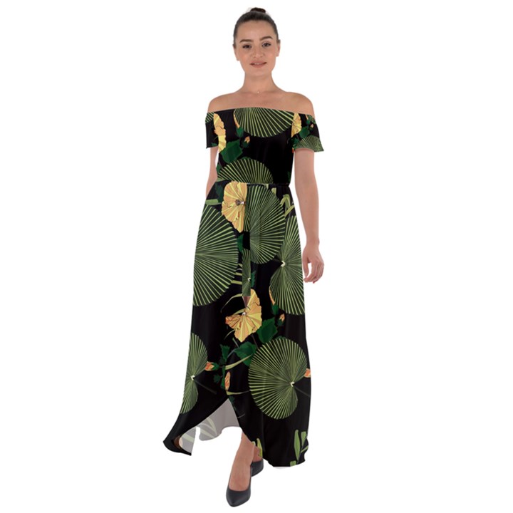 Tropical vintage yellow hibiscus floral green leaves seamless pattern black background. Off Shoulder Open Front Chiffon Dress