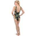 Tropical vintage yellow hibiscus floral green leaves seamless pattern black background. Cross Front Low Back Swimsuit View2