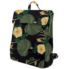 Tropical Vintage Yellow Hibiscus Floral Green Leaves Seamless Pattern Black Background  Flap Top Backpack by Sobalvarro