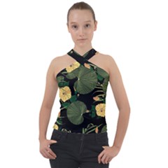 Tropical Vintage Yellow Hibiscus Floral Green Leaves Seamless Pattern Black Background  Cross Neck Velour Top by Sobalvarro