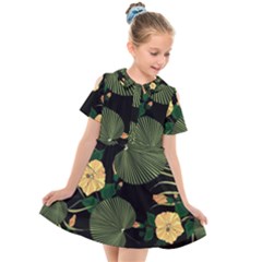 Tropical Vintage Yellow Hibiscus Floral Green Leaves Seamless Pattern Black Background  Kids  Short Sleeve Shirt Dress by Sobalvarro