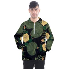 Tropical Vintage Yellow Hibiscus Floral Green Leaves Seamless Pattern Black Background  Men s Half Zip Pullover by Sobalvarro