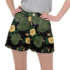 Tropical Vintage Yellow Hibiscus Floral Green Leaves Seamless Pattern Black Background  Ripstop Shorts by Sobalvarro